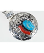 Leo Nez Navajo Turquoise &amp; Corail Rouge Argent Sterling Pendentif Rond 3... - $923.28 CAD