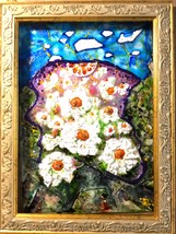 Daisies stained glass painting,natural amber decorated ,abstract paintin... - £27.65 GBP