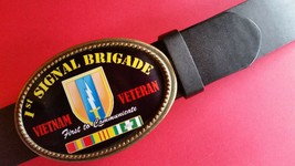 Vietnam Veteran -1st SIGNAL BRIGADE- Epoxy Belt Buckle &amp; Blk Bonded Leat... - $22.72