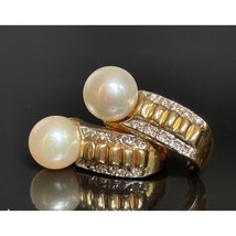 Yellow Gold Pearl And Diamond SEMI-HOOP Earrings Sky - $415.80