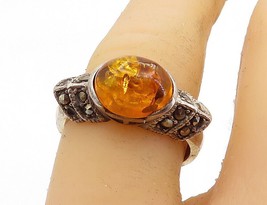 925 Silver - Vintage Amber &amp; Marcasite Solitaire With Accents Ring Sz 7 - RG7193 - £25.91 GBP