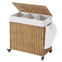 Handwoven PP Wicker 3-Section Laundry Basket Cart with Cotton Liner on Wheels - £106.01 GBP