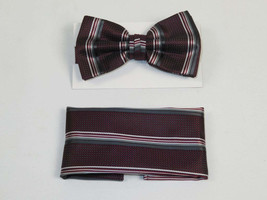Men Bow Tie Hankie J.Valintin Formal or Business #BT13 Burgundy Stripe - £15.65 GBP