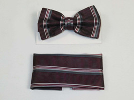 Men Bow Tie Hankie J.Valintin Formal or Business #BT13 Burgundy Stripe - £15.97 GBP