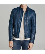 Jacket Leather Biker Blue Mens Slim Fit Motorcycle Vintage Men S Cafe Ra... - $139.00