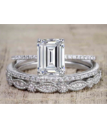 Emerald Cut Art Deco 1.35 Ct Simulated Diamond Trio Bridal Engagement Ri... - £73.48 GBP