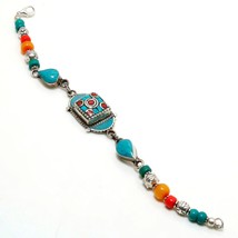 Red Coral Tibetan Turquoise Handmade Baho Jewelry Bracelet Nepali 7-8&quot; SA 1755 - £7.15 GBP
