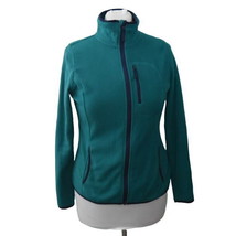 Nautica Fleece Jacket Womens Medium Full Zip Green Navy Blue Trim Pockets - £19.57 GBP