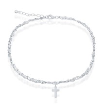 Sterling Silver Double Strand Mirror Chain w/ Cross Charm Anklet - £31.40 GBP