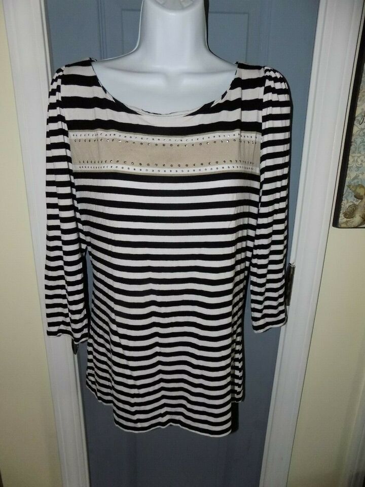 Primary image for White House Black Market Black/White/Brown Striped Studded Stretch Shirt Size L