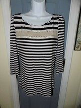 White House Black Market Black/White/Brown Striped Studded Stretch Shirt Size L - £14.54 GBP
