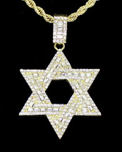 Mens Cz 6 Point Star of David Pendant 14k Gold Plated Rope Chain Hip Hop Jewelry - £8.34 GBP