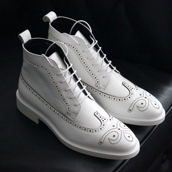 NEW New Men Handmade Ankle High White Leather Lace Up Wing Tip & Brogue Boots