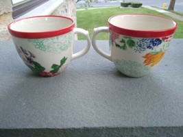 2 Pioneer Woman Flea Market  Decorated Coffee Cups Mug Country Garden Red Rim - $13.99