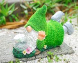 Garden Gnome Statue With Solar Crackle Glass Globe Lights, Resin Gnomes ... - $52.24