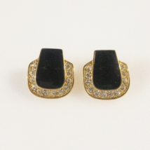 Goldtone Black Enamel Earrings Clear Rhinestones Accents Horseshore Rounded 3/4&quot; - £4.75 GBP