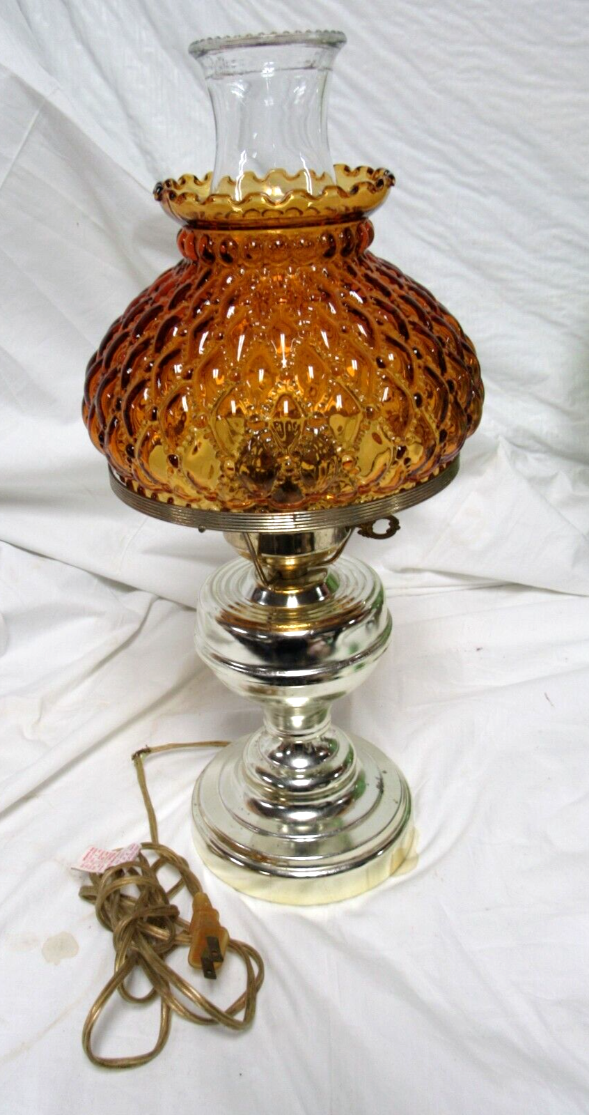 Primary image for Fenton Aladdin Diamond Quilted Pattern Amber Glass Hurricane Table Lamp & Shade