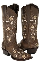 Womens Cowboy Boots Brown Western Wear Leather Floral Embroidered Snip Toe - $97.00