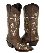 Womens Cowboy Boots Brown Western Wear Leather Floral Embroidered Snip Toe - £77.52 GBP