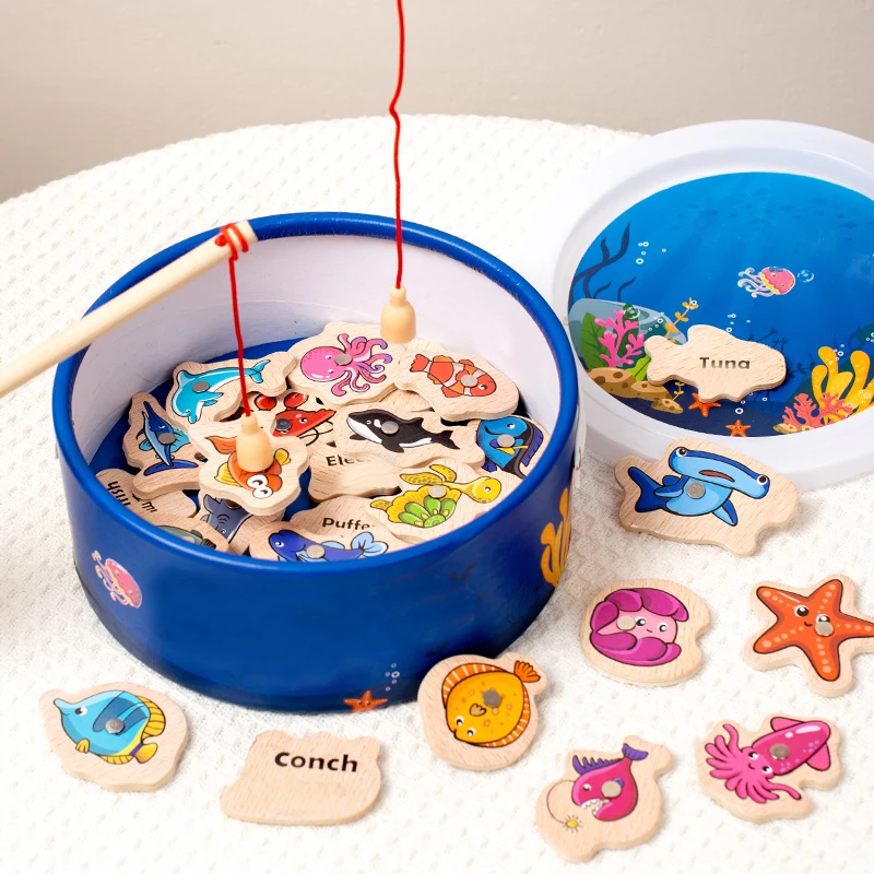 Montessori Wooden Magnetic Fishing Toys for Baby Cartoon Marine Life Cognition - £15.29 GBP