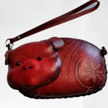 Pig Leather Wristlet Wallet Change Coin Purse Zip Closure Charm Pouch Ha... - £13.32 GBP