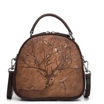 High Quality Women Top Handle Genuine Leather Bag Tote Bags Retro Deer Pattern L - £94.19 GBP