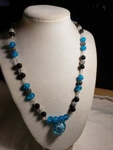 19 In Necklace Blue Black Beads Silver &amp; Black Rhinestones Vintage Pendant - £19.89 GBP