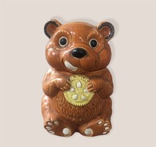 Vintage Ceramic Brown Bear Cookie Jar Holding Cookie Licking Lips Japan - £18.54 GBP