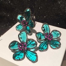 Flower Earrings Dark Green Crystal Ring Set Jewelry Luxury Jewelry Gift - £9.42 GBP