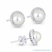 Freshwater Pearl &amp; 0.16ct Round Diamond Stud Earrings 14k White Gold Halo Studs - £297.07 GBP