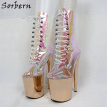 Holographic Transparent Stripper Pole Boots Women 8 Inch Extreme High Heels Plat - £190.43 GBP