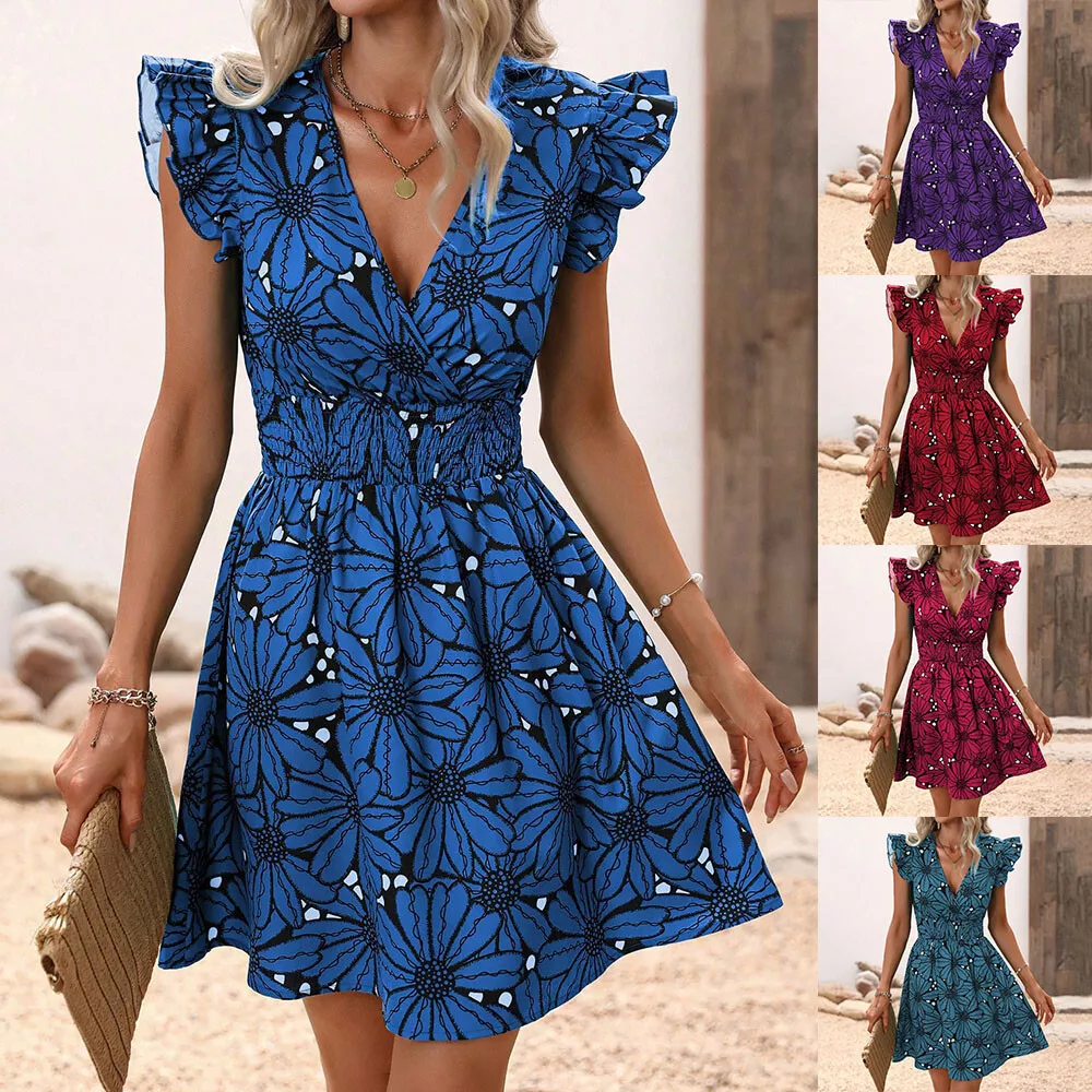 Women Ruffled Sleeveless Sundress Slip Dress V-neck Beach Evening Dress - $14.07