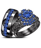  Wedding ring trio sets his and hers 2.25Ct Blue Sapphire Black Rhodium ... - $165.98