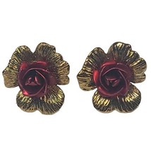 Vintage Red Rose Gold Tone Earrings Pierced Metal Flowers Floral Unique  - $6.79