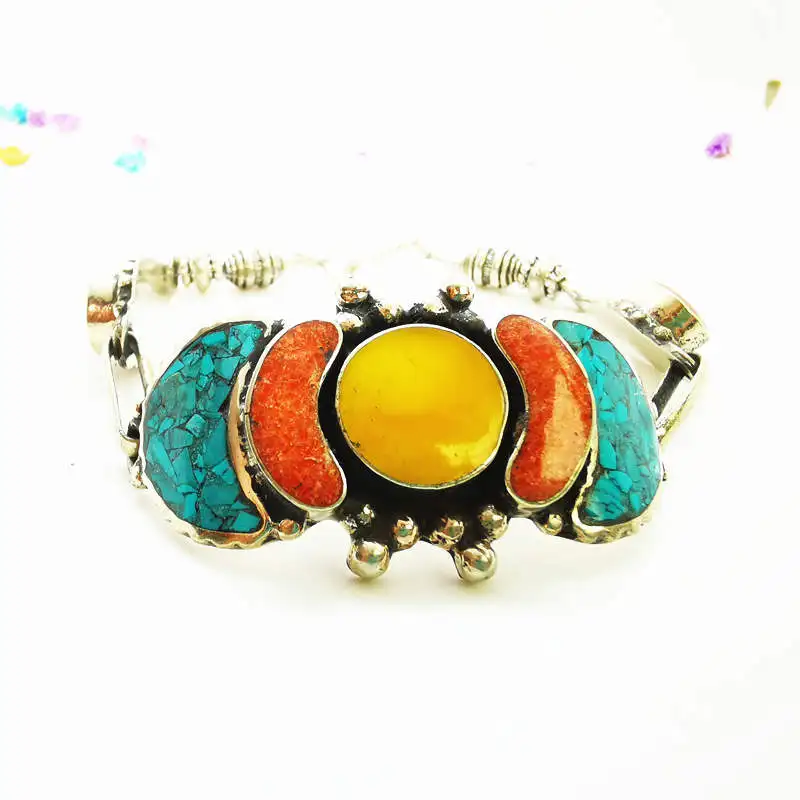 Fine Quality Vintage Dancing Bangle Cuff Copper Inlaid Colorful Locket Bracelets - $40.84