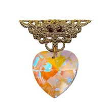 Gold Tone Glass Heart Brooch Prism Medal Style Filigree Pin Lapel Hat 2” - £13.41 GBP