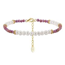 Elegant Fusion: 925 Sterling Silver Gold Plated Pearl and Purple Stone Bracelet - £26.75 GBP