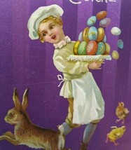 Easter Postcard Zimmerman Purple Linen Stripes Chef &amp; Bunny Series 8003 Unused - $29.93