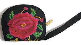 Pink Rose Bird Embroidered Black Fabric Zipper Change Coin Purse Wallet - £17.72 GBP