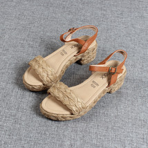 Large Size Summer Med Beige Heeled Sandals Comfort Shoes for Women Espadrilles P - £26.58 GBP