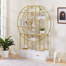 70.8 Inch Round Office Bookcase Bookshelf, Display Shelf, Two Drawers, Gold - £175.81 GBP