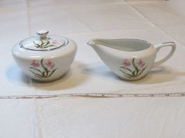 Grantcrest Pink Orchid Fine China Sugar &amp; Creamer Set off white pink green! - £16.22 GBP