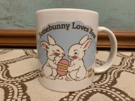 Vintage &quot;Somebunny Loves You!&quot; White Rabbits with Easter Egg Ceramic Mug - $7.99