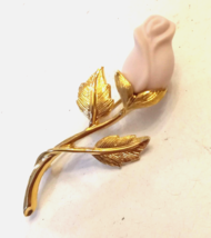 Avon Genuine Porcelain Long Stem Pink Rose PIN Beautiful VTG Gold tone BROOCH - $19.73