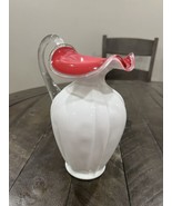 Fenton Peach Crest Cased Milk Glass Pitcher Panels Pink Clear Handle - $89.09