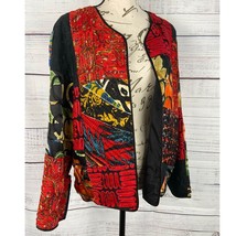 Chicos 1 Open Front Jacket Womens M Patchwork Embroidery Lined Red 100% Silk - £18.53 GBP