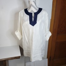 Womens Lauren Ralph Lauren White/blue Linen Blouse rolled sleeve Size XL - £26.35 GBP