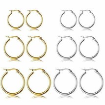 6 Pairs Gold Silver Hoop Earrings Set Nickel Free Hypoallergenic Stainless Steel - £15.55 GBP