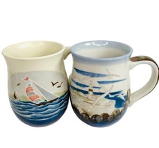 Otagiri Coffee Mugs 2 Beach Coastal Seagulls Ocean Sailing Lighthouse 4&quot; - £15.69 GBP