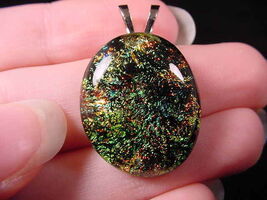#DL-417) DICHROIC Fused GLASS Pendant JEWELRY GREEN ORANGE SWIRL - $7.80